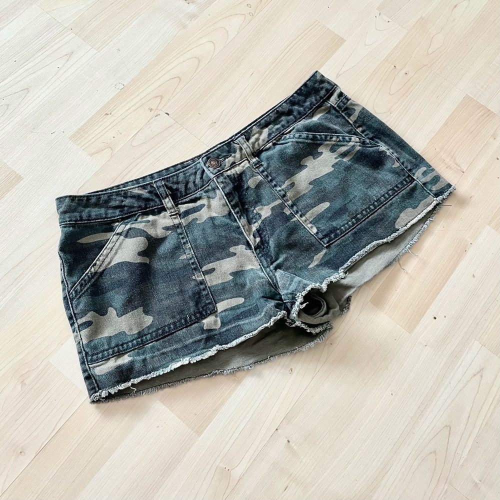Distressed Camouflage Denim Jean Cut Off Shorts